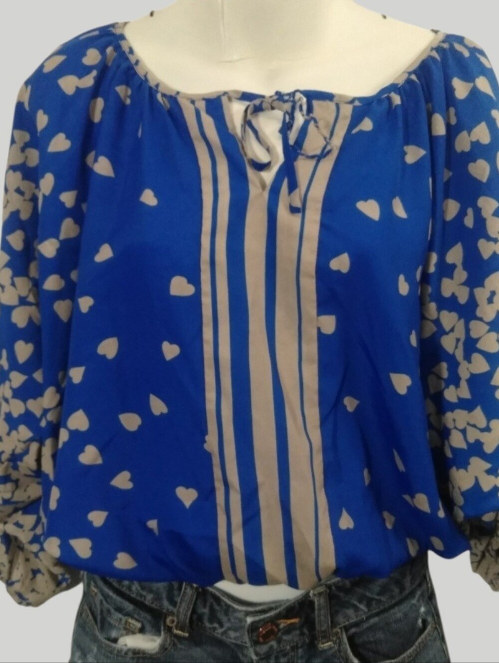 Express Women's Blue Heart-Print Peasant Elastic Waist Blouse